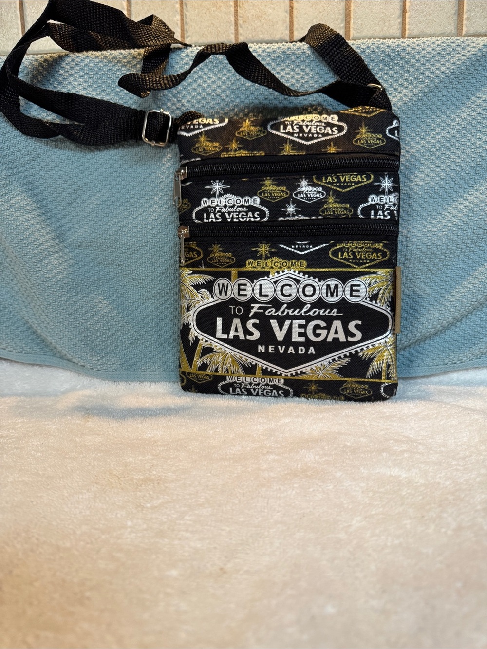 Las Vegas Print Black and Gold Crossbody Pouch by